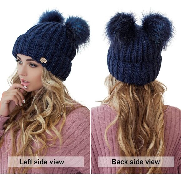 Braxton Beanie for Women - 2 Pom Cable Knit Warm Fleece- Wool Snow Cuff Ski Cap - Picture 3 of 7